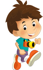 cartoon scene with young boy running with camera on his neck isolated illustration for children