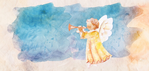 illustrazione generative ai con putto, angelo che suona una tromba, colori ad acqua in toni pastello su sfondo di carta ruvida