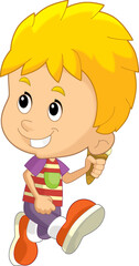 cartoon scene with young boy eating ice cream having fun isolated illustation for children
