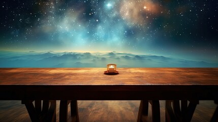 candle on wooden table under star light, Generative Ai