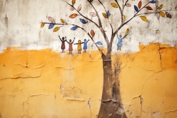 Tree of life and silhouettes of people around - family with children. Children's drawing on wall, graffiti style. Generative AI
