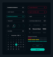 Signing up UI elements kit. Personal data isolated vector components. Flat navigation menus and interface buttons template. Web design widget collection for mobile application with dark theme