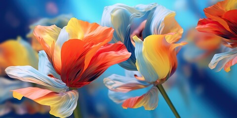 Motion blur multicolor flowers on blue background, concept of Dynamic movement, created with Generative AI technology