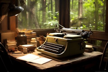 Fototapeta na wymiar A writers typewriter in a secluded cabin
