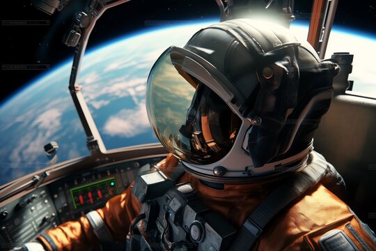 An astronauts helmet in a spaceship cockpit background
