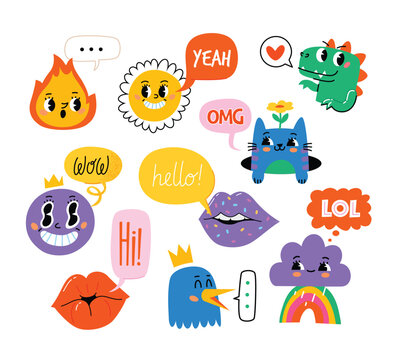 Collection of cute cartoon retro characters and lips with speech bubbles  with smiling faces. Trendy characters for posters invitations cards web designs decorations and media. Isolated vector images