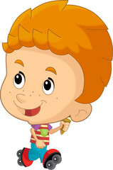 cartoon scene with young boy eating ice cream having fun isolated illustation for children