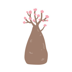 Cartoon bottle tree with flowers isolated vector illustration. Desert rose, Adenium Obesum, or red impala lily in blossom