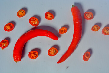 Scene of the red chili which looks very hot against a white background. No people.