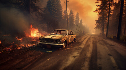 Fototapeta na wymiar Landscape covered with smoke. Wildfire, climate change.