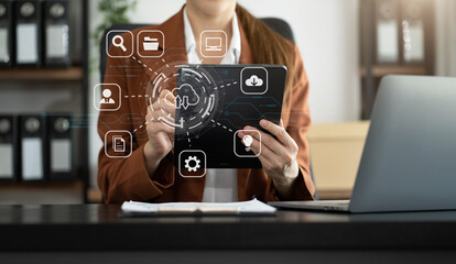 Woman is using a smartphone and tablet to access the cloud computing system , Storage and data transfer Cloud network , Cloud technology. Networking and internet service concept.