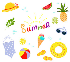 Set of colorful cartoon summer flat icons. Hand drawn elements. Beach, tropical palm leaves, fruits, pineapple, watermelon, ice cream, boll. Summertime beach concept.