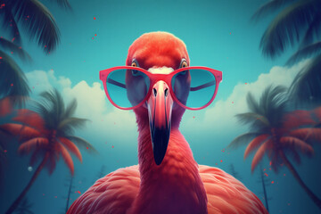 feather pink sunglasses animal bird flamingo hipster party summer tropical. Generative AI.