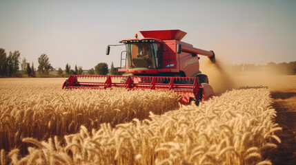 Fototapeta premium Combine harvester harvests ripe wheat. Generative AI