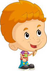 cartoon scene with young boy eating ice cream having fun isolated illustation for children