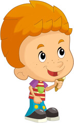 cartoon scene with young boy eating ice cream having fun isolated illustation for children