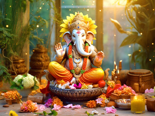 Illustration of Lord Ganesha sculpture with decorative elements - ai generative - obrazy, fototapety, plakaty
