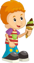 cartoon scene with young boy eating ice cream having fun isolated illustation for children