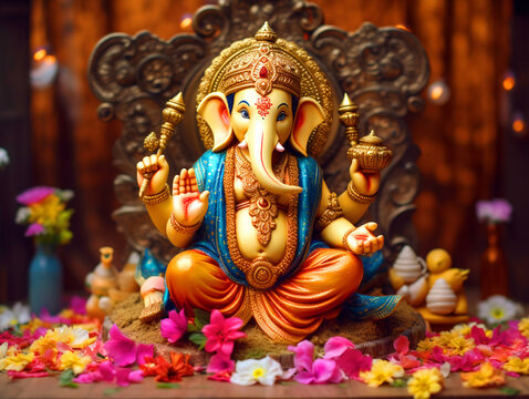 Illustration of Lord Ganesha sculpture with decorative elements - ai generative