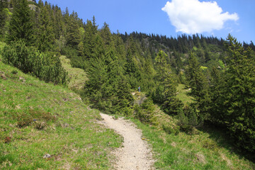 Hiking trail to the summit Trainsjoch in alps mountains between Bavaria and Tirol