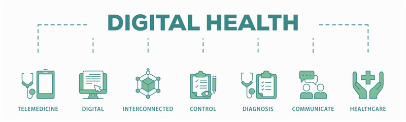 Digital health banner web icon vector illustration concept for technology in medical healthcare with icon of e-health, telemedicine, interconnected, smartwatch, diagnosis, email, and medical app