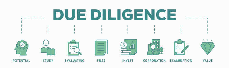 Due diligence banner web icon vector illustration concept with icon of potential, study, evaluating, files, invest, corporation, examination and value - obrazy, fototapety, plakaty