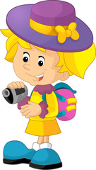 cartoon scene with young girl walking with camera on his neck isolated illustration for children
