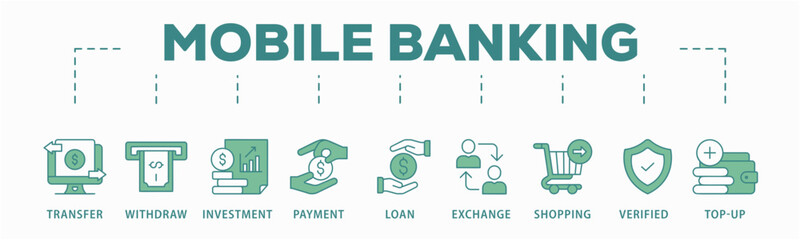 Mobile banking banner web icon vector illustration concept with icon of transfer, withdraw, investment, payment, loan, exchange, shopping, verified and top-up