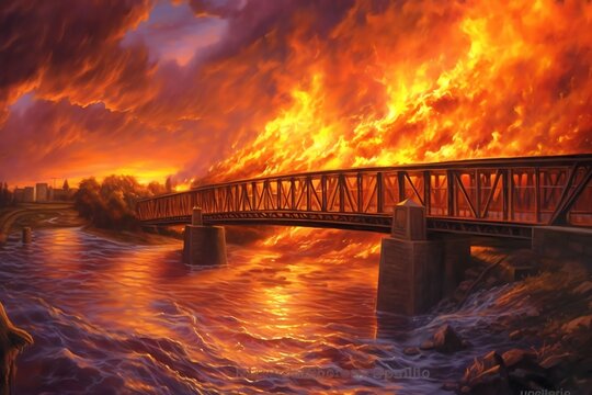 Burning bridge architectural wallpaper