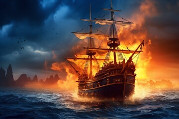 Obraz premium Burning pirate ship maritime vessel