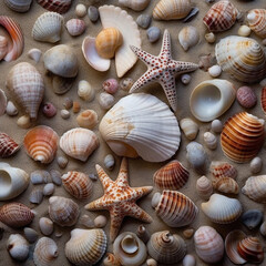 Fototapeta na wymiar collection of shells on the beach sand