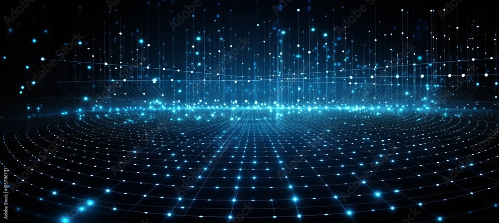 Poster blue virtual cyberspace matrix technology background. generative ai technology.