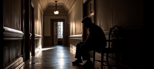 Obraz na płótnie Canvas Lonely stress man silhouette sitting on hallway. Unhappy mental health. Generative AI technology.