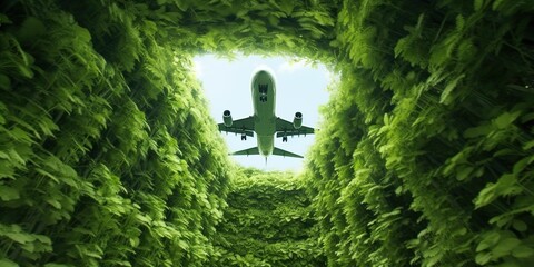 In the sky trail of plane is made of green leaves, concept of Nature abstraction, created with Generative AI technology