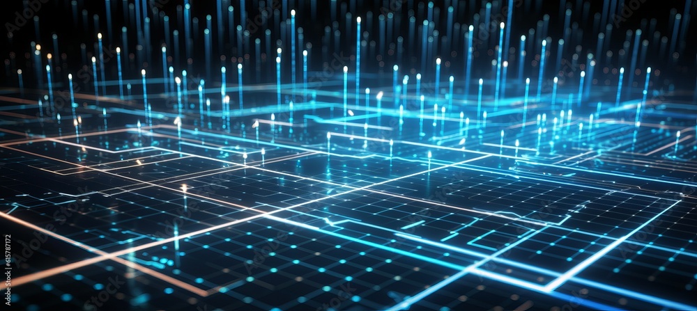 Poster Data particles technology background. Generative AI technology.
