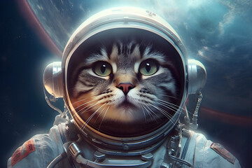 Cat the astronaut in open space. Animal behave like a human. Generative AI