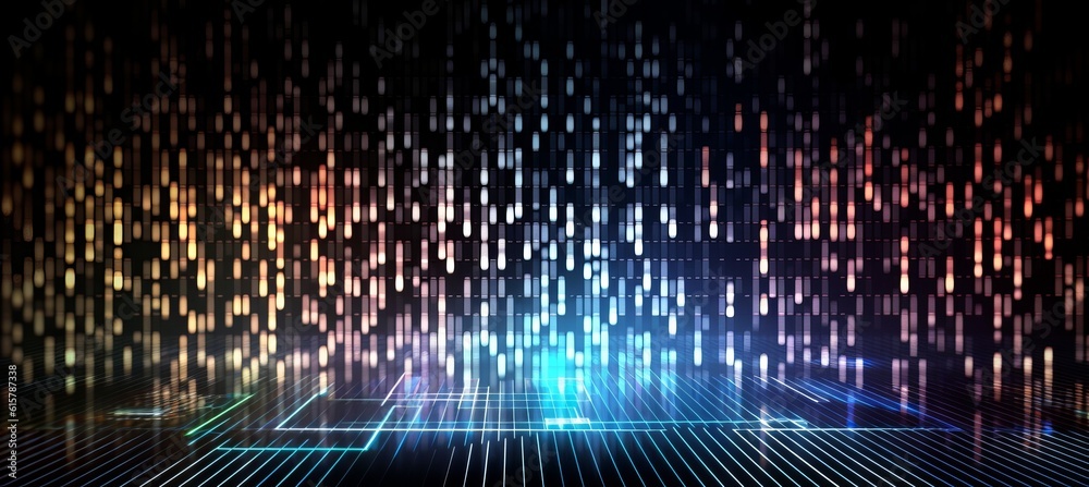 Poster Colorful virtual data particles flow technology background. Generative AI technology.