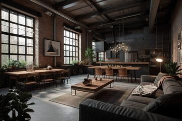 Industrial style interior of a loft living room or apartment. Generative AI