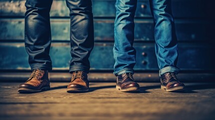 Three people in jeans and shoes. Generative AI
