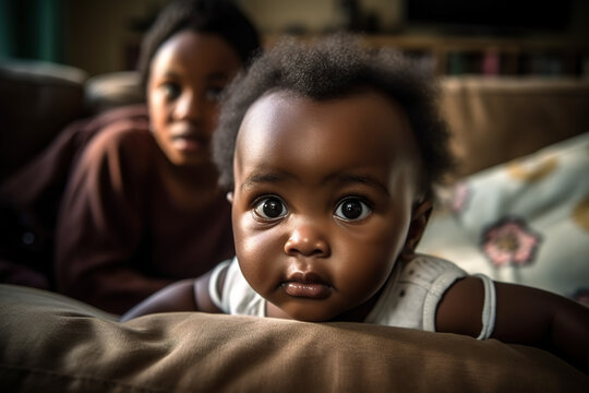 African baby photographed on the sofa with mother in the background. Fictional persons. Generative AI