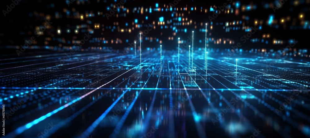 Poster Cyberspace data code network flow particles virtual technology background. Generative AI technology.