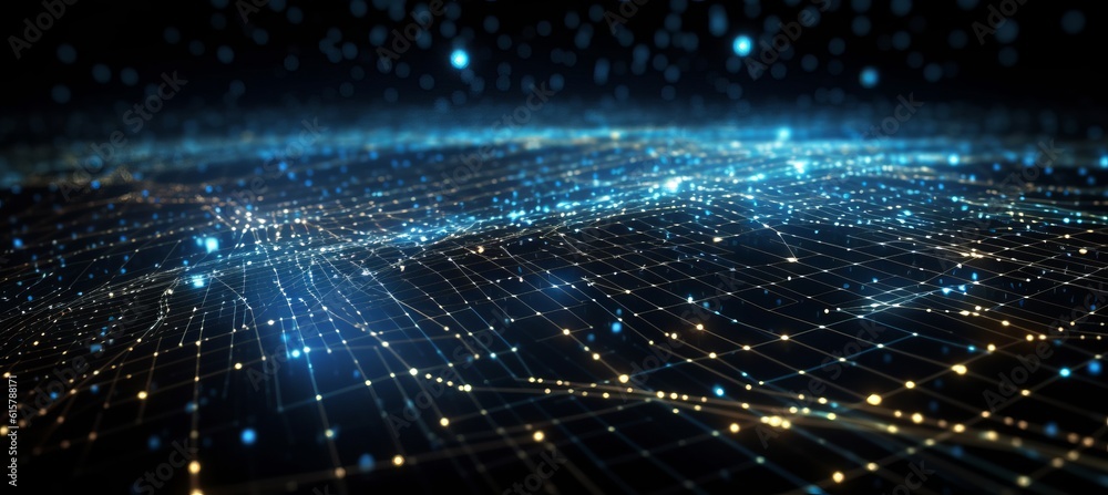 Poster Virtual data space network flow particles technology background. Generative AI technology.