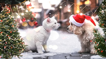 Cat and dog,puppy and kitty in red Santa claus hat near Green Christmas tree decorated on city street holiday festive background,generated ai