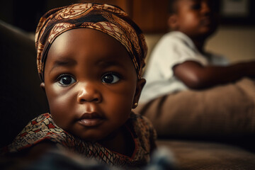 African baby photographed on the sofa with brother in the background. Fictional persons. Generative AI