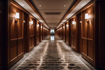 Modern luxurious hotel corridor with wood and tile. Generative AI