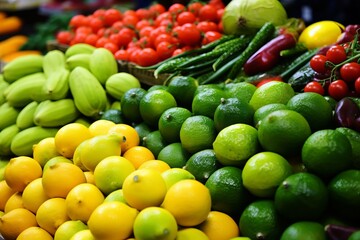 Fruit market with various colorful fresh fruits, citrus and vegetables