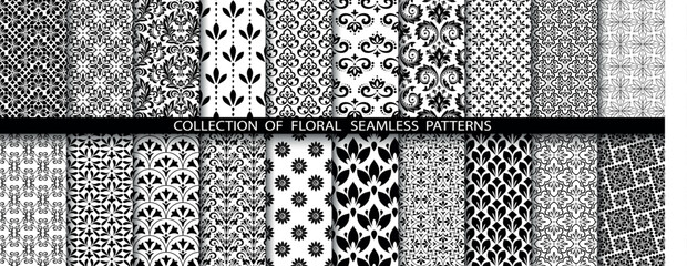 Geometric floral set of seamless patterns. White and black vector backgrounds. Damask graphic ornaments.