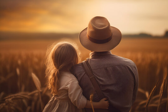 Father In A Hat And Little Daughter Are Sitting Hugging On The Field At Sunset, View From The Back.