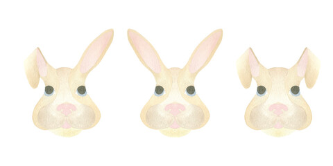 Three cute faces of a brown rabbit with blue eyes and different ears. Watercolor illustration isolated on a white background. Printing, invitation, postcard, decoration, logo, printing, tableware