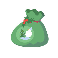 Green decorated Santa Claus gift bag with holly. Snowman and fir trees in winter. Vector cartoon illustration. Isolated objects on white background for design. 